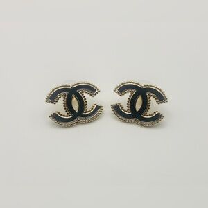 CHANEL Black Enamel and Gold CC Logo Stud Earrings